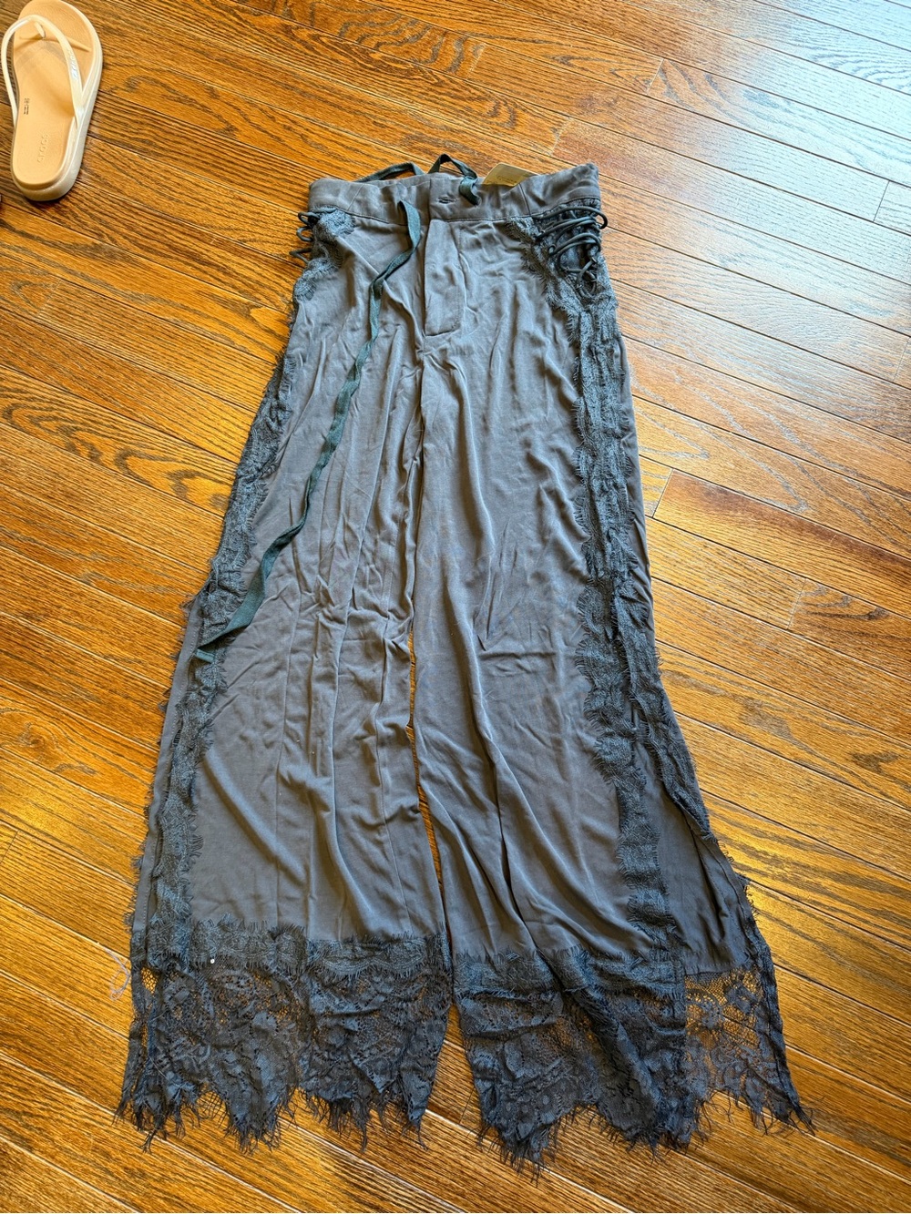POL Black Lace-Trim Wide Leg Boot-Flare Pants